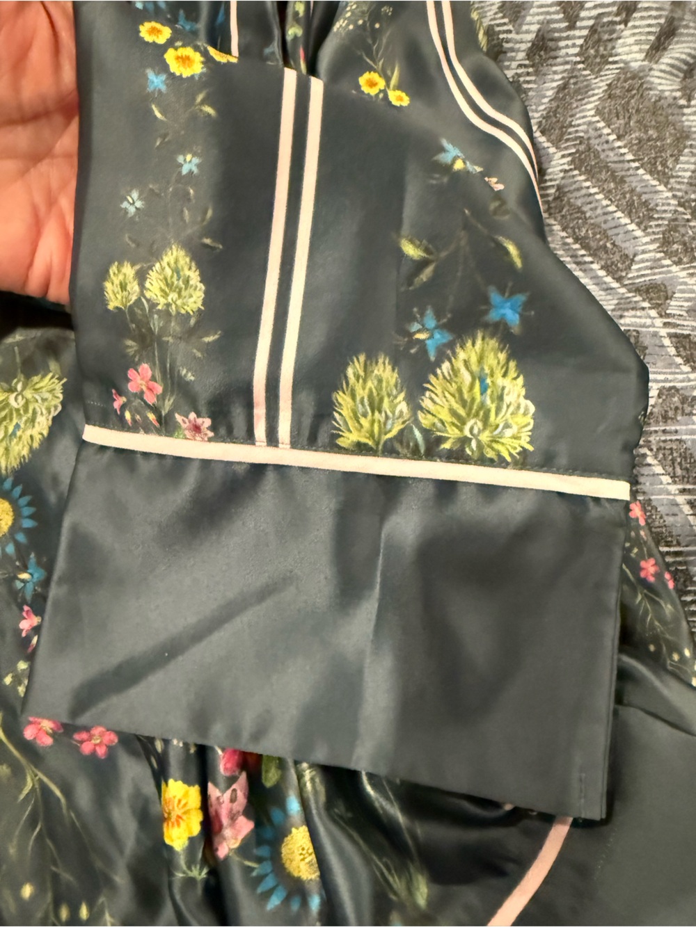 Ted Baker London Green Floral Stripe Satin Pajama Set with Piping Button-Up - Picture 9 of 13